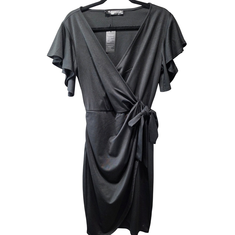 Oxiuly Fashion Black Flutter Sleeve Wrap Dress V-Neck Size L NWT‎